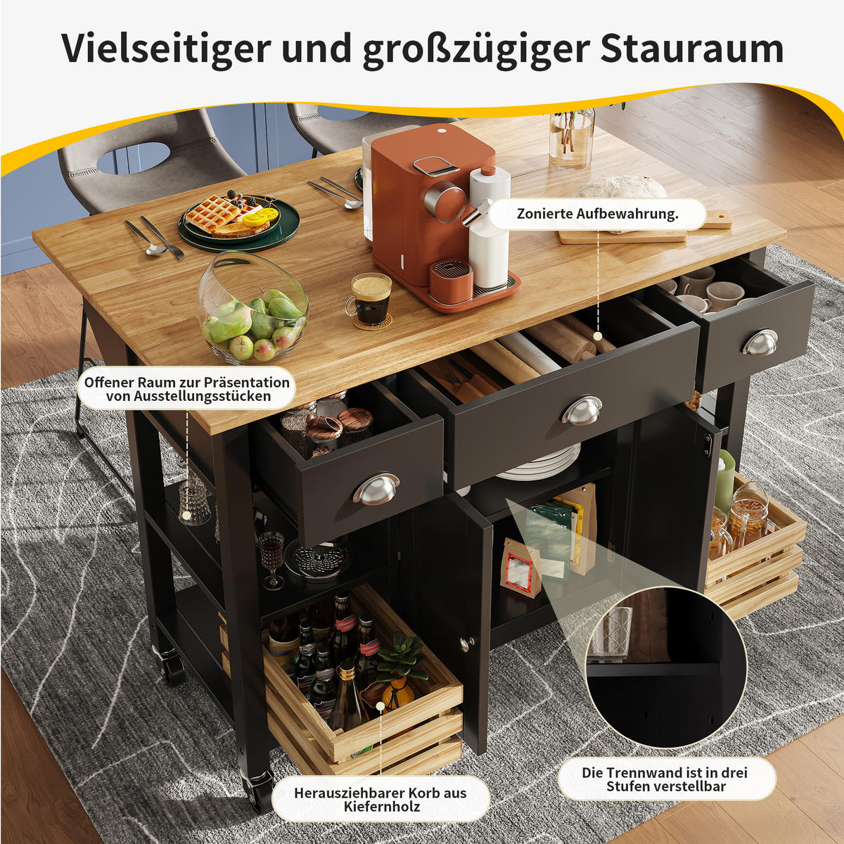 KÜCHENINSEL Küchenwagen Stauraum Aufbewahrung Schwarz - Schwarz, Holzwerkstoff (120/90/45cm) - FLIEKS