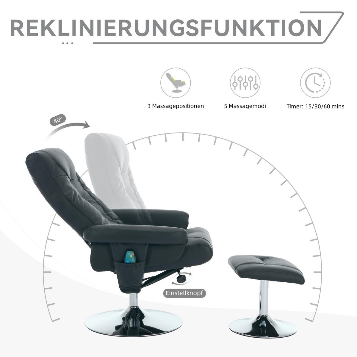 RELAXSESSEL PU mit Massage und Sitzheizung 76/75/103 cm Schwarz - Schwarz, Kunststoff (75/103/76cm) - Redom