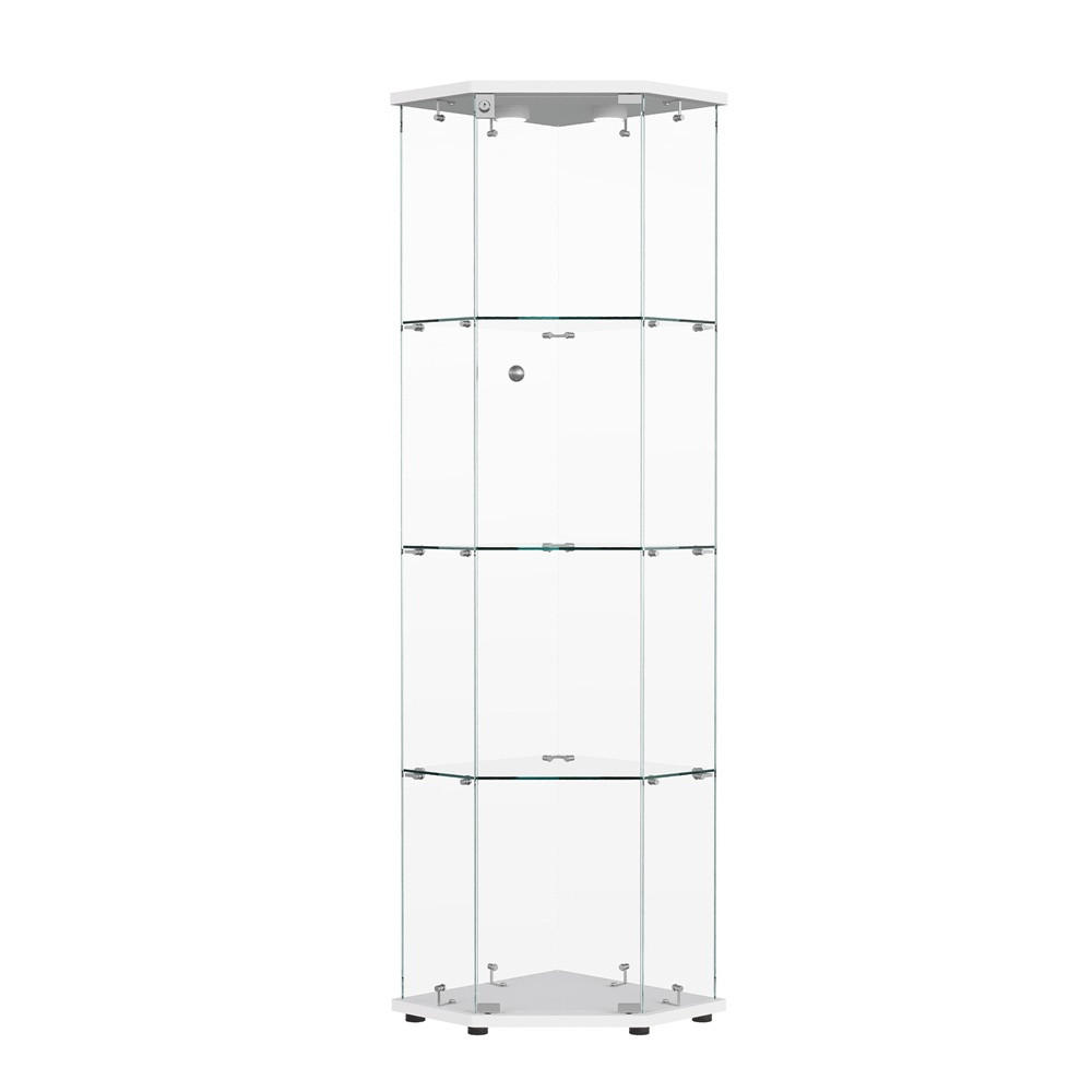 VITRINE mit LED Beleuchtung - Eckvitrine mit 4 Ebenen und 1 Tür - Glaskvitrine mit Schloss - Weiß - Weiß, Glas (60/162/42.5cm) - DELFA