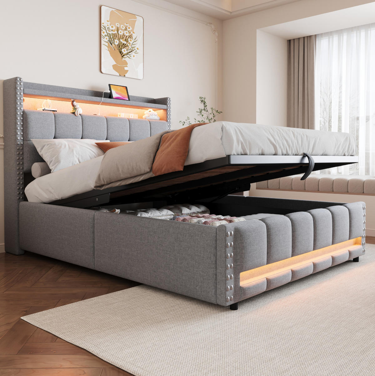 POLSTERBETT 140/200 cm Hellgrau mit LED-Beleuchtung und USB-Steckdose - Hellgrau, Textil (140/200cm) - OKWISH