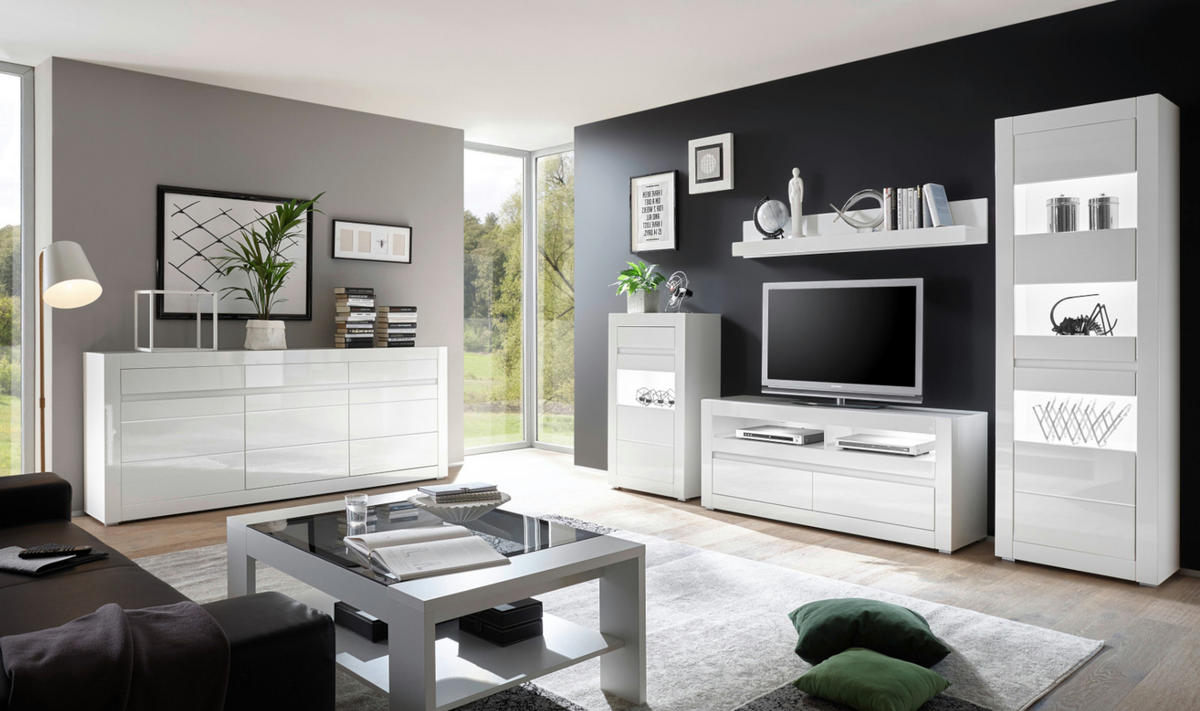 WOHNWAND 4-teilig Hochglanz weiß 302 cm, Anbauwand mit Soft-Close - Weiß Hochglanz/Weiß, Glas/Holzwerkstoff (302/198/42cm) - Furn.Design