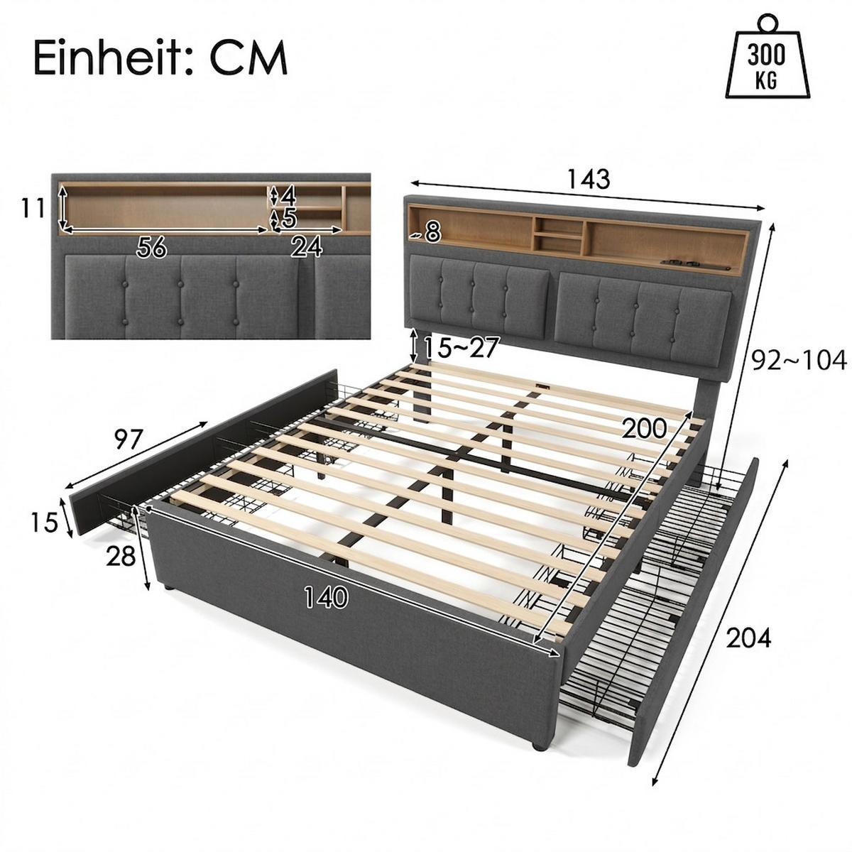 POLSTERBETT 140/200 cm Grau mit 4 Schubladen und USB C Steckdose - Grau, Holz/Textil (140/200cm) - Oxeza