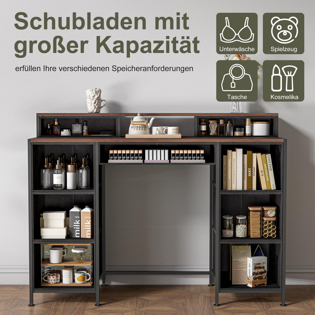 SCHREIBTISCH mit 9 Schubladen, Schminktisch Konsole, 121×40×91 cm - Schwarz, Holz (120/40/90cm)