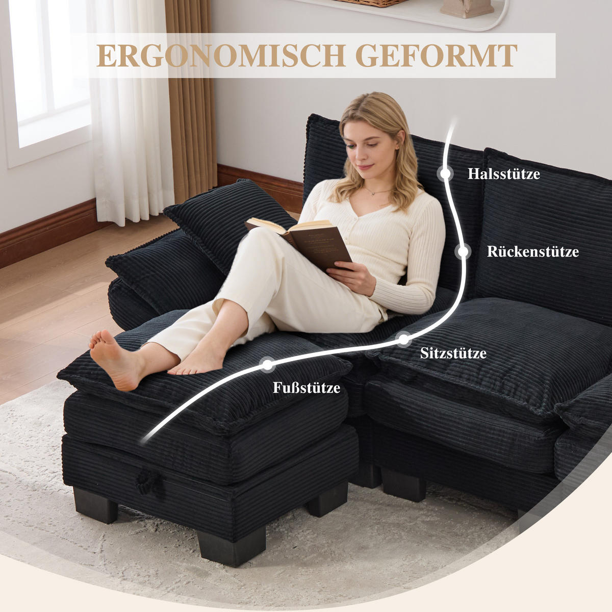 ECKSOFA 260/132/84 cm Schwarz Cord mit 1 Fußhocker, USB-C-Anschluss und Seitentaschen - Schwarz, Textil (260/132cm) - Oxeza