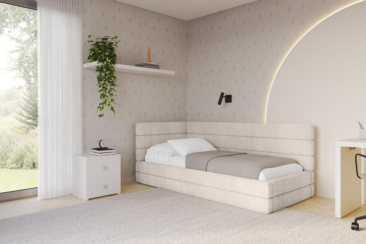 EINZELLBETT Jugendbett mit Bettkasten, Rechts - BEMY 90x200 Beige - Sandfarben, Holzwerkstoff/Textil (90/200cm) - ALTDECOR