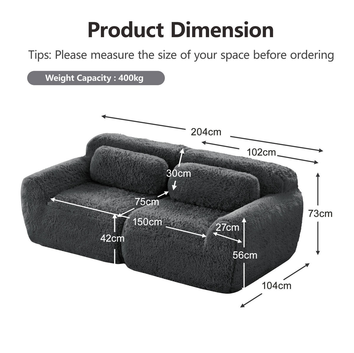 SOFA 2-Sitzer modular rahmenlos Plüsch Grey - Grau, Kunststoff (104/73/204cm) - Meubliv