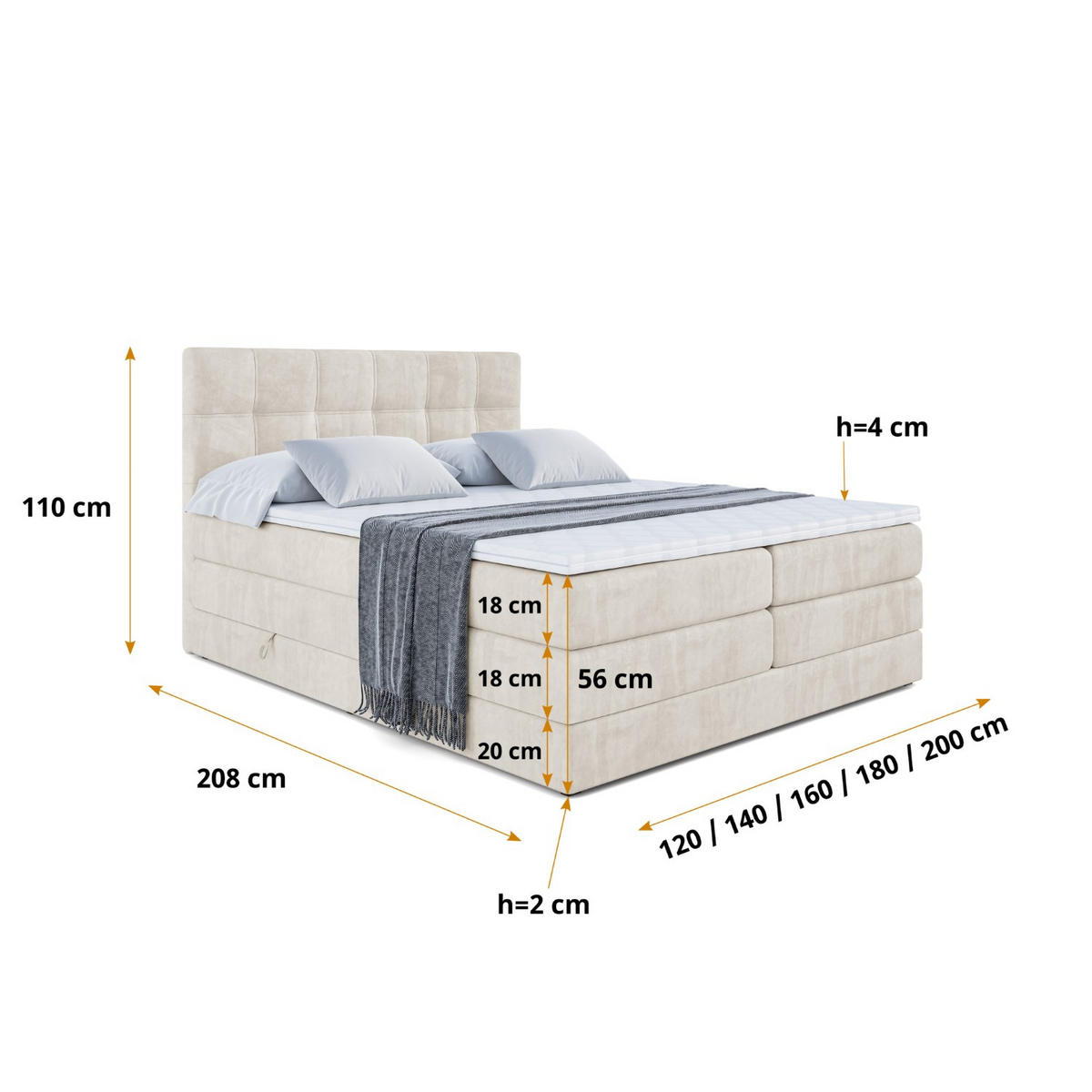BOXSPRINGBETT MARCE KING - 120x200 - H3/H4 - Ecru - Ecru, Holzwerkstoff (120/200cm) - ALTDECOR