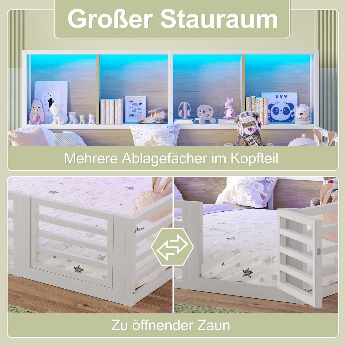 ZAUNBETT 140/200 cm weiß aus Metall und MDF mit Lattenrost, Stauraum und LED-Beleuchtung - Weiß, Metall (140/200cm) - OKMYHOME