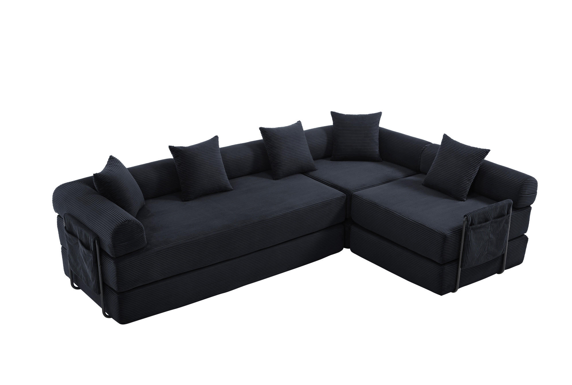 MODULSOFA 270/180/64 cm aus Cord mit Schlaffunktion und Stauraumtasche Schwarz - Schwarz, Textil (180/64/270cm) - Modenvie