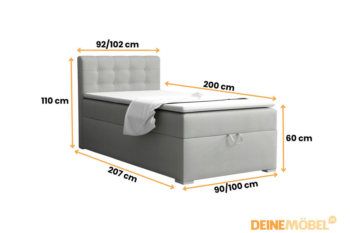 BOXBETT TEEN 3 90/200 Velours Hellgrau H4 - Hellgrau, Holz/Holzwerkstoff (90/200cm) - Deine Möbel 24