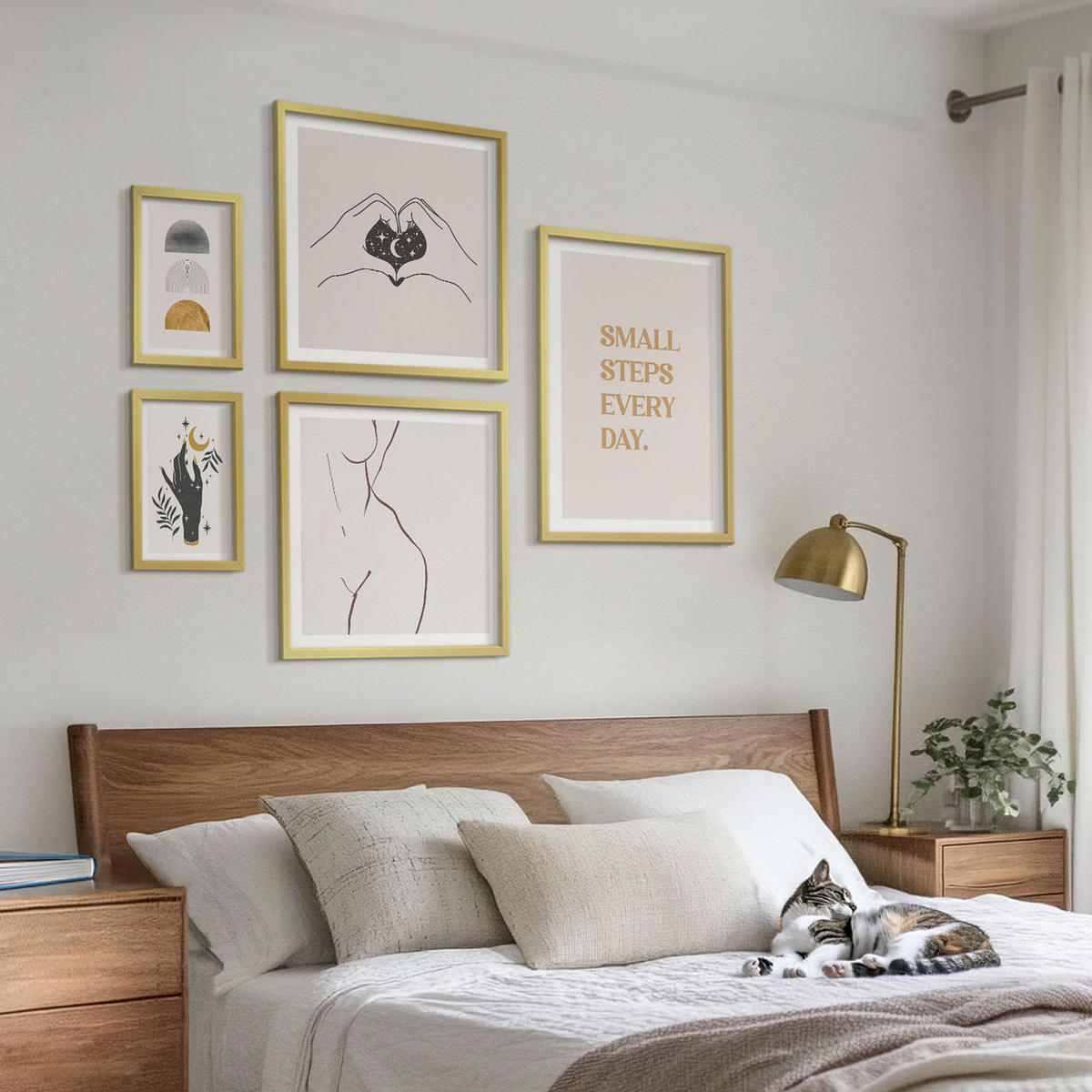 BILDER SET 5er Set - 50x50 cm & 20x30 cm & 40x60 cm Goldrahmen - Abstrakte Blumen aus Marmor - Goldfarben, Kunststoff (40/60cm) - TULUP
