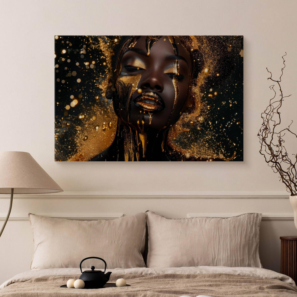 LEINWANDBILD für Wohnzimmer Porträt Frau Abstraktion Glamour 90cm x 60cm - Beige/Schwarz, Textil (90/60cm) - Muralo