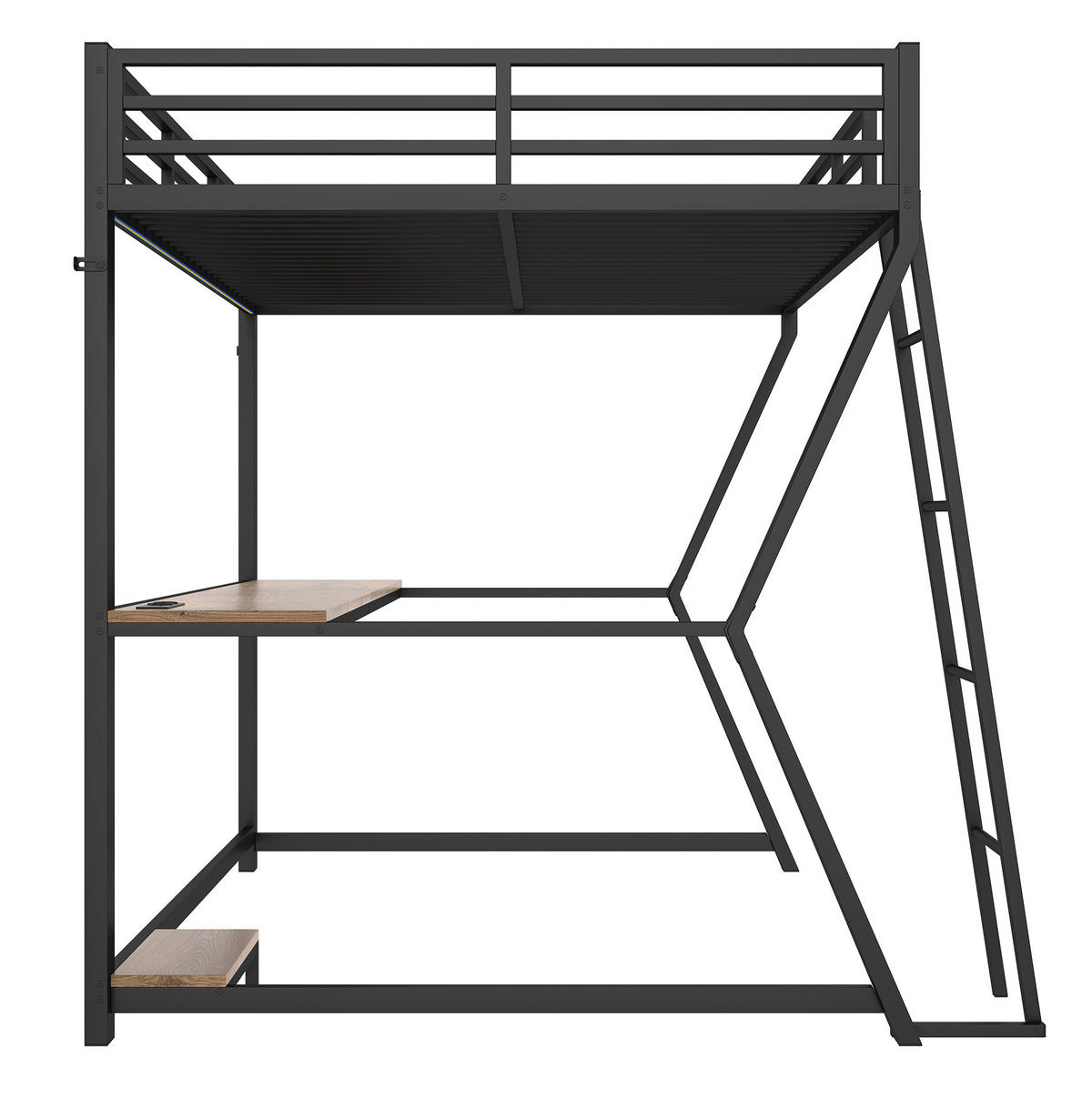 HOCHBETT 140/200 cm aus Metall und MDF mit LED-Beleuchtung, Schreibtisch, Steckdose, USB, Treppe und Geländer, Schwarz - Schwarz, Metall (140/200cm) - Redom