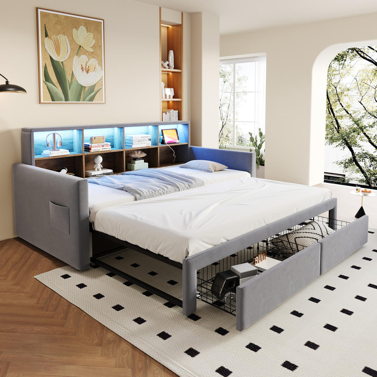 POLSTERBETT 90/190 cm Hellgrau aus Samt mit Stauraum LED-Beleuchtung und Ladeanschlüssen - Hellgrau, Textil (90/190cm) - OKWISH