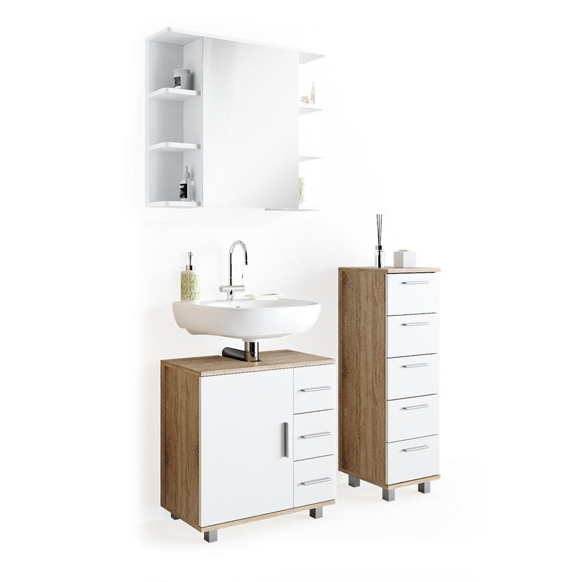 BADMÖBEL-SET Ilias Sonoma 3 Teile, mit Midischrank - Weiß/Sonoma Eiche, Holzwerkstoff (60/60.8/33cm) - Vicco