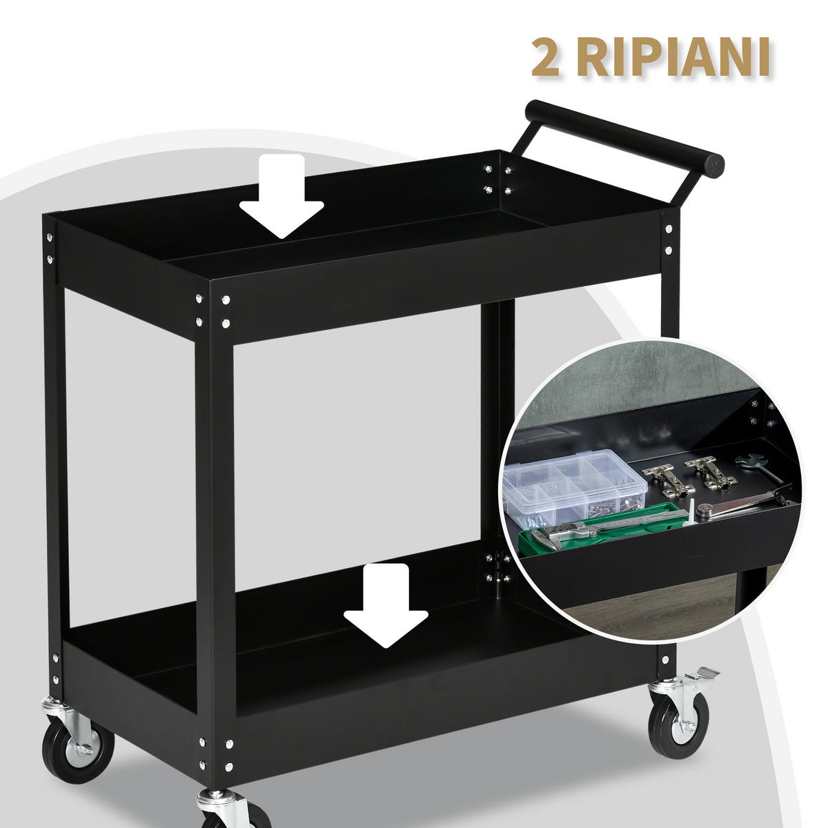 WERKZEUGWAGEN, 2-stöckiger Stahlwagen, 84,5 x 38 x 84 cm, Schwarz - Multicolor, Kunststoff (38/84/84.5cm) - FORIOUS