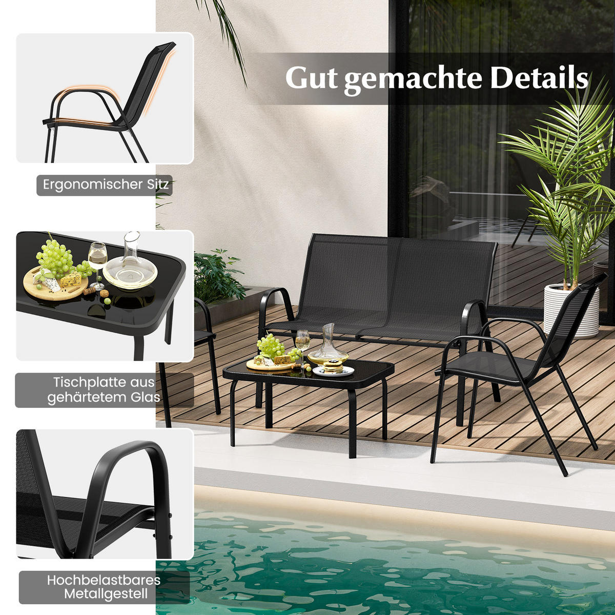 GARTENMÖBEL Set Schwarz(4-teilig) - Schwarz, Metall - COSTWAY