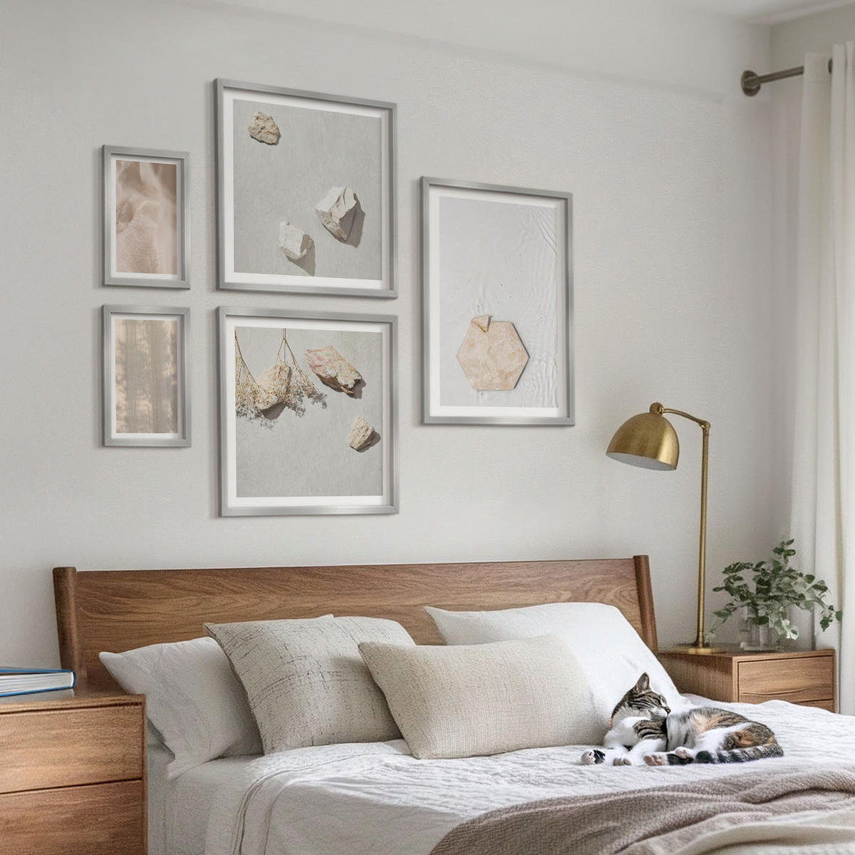 WANDBILDER 5er Set - 50x50 cm & 20x30 cm & 40x60 cm Silberner Rahmen - Dezente Boho-Naturtexturen - Silberfarben, Kunststoff (40/60cm) - ArtPrintCave