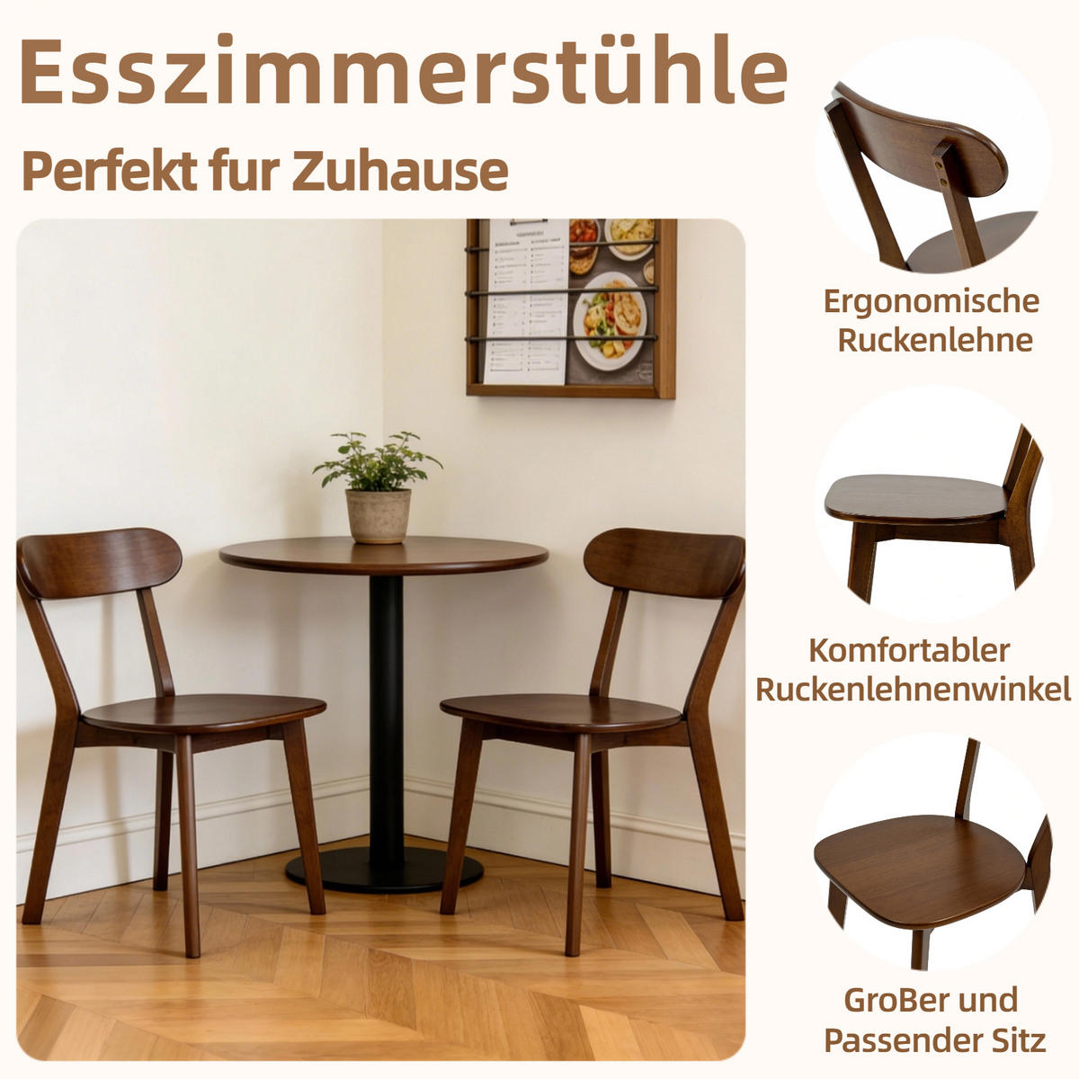 STUHL-SET 2 Stück Massivholz, DE-42428, Walnuss - Walnussfarben, Holz (40/78/49.5cm) - ComfortXL