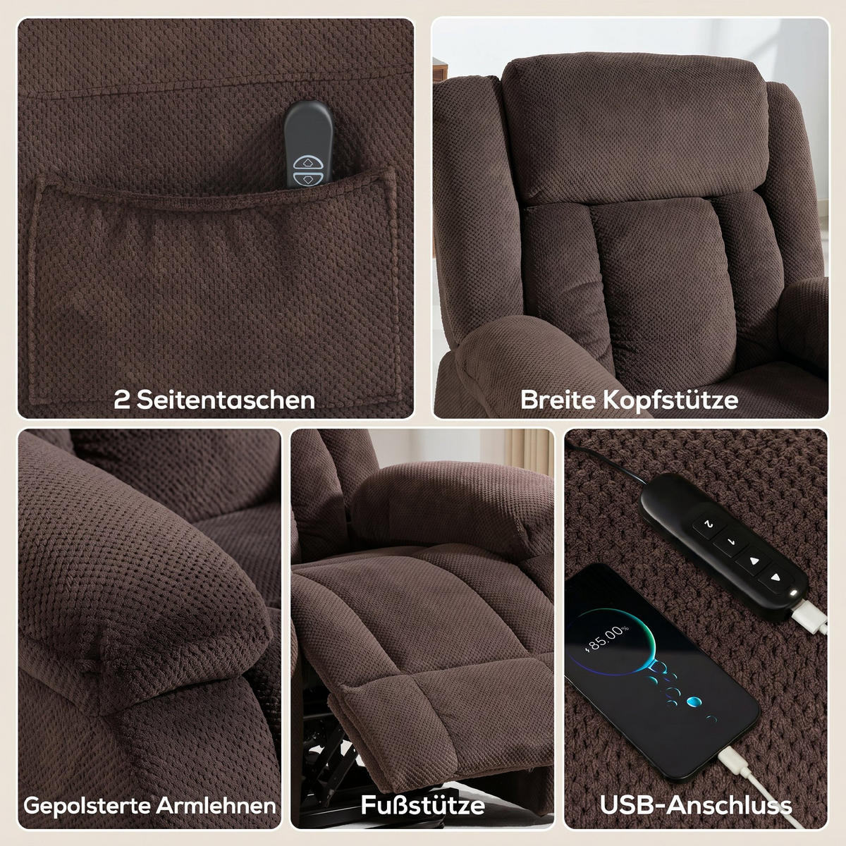 FERNSEHSESSEL-MIT-AUFSTEHHILFE Polyester Stahl Braun - Blau/Schwarz, Textil/Metall (92/105/94cm) - HOMCOM