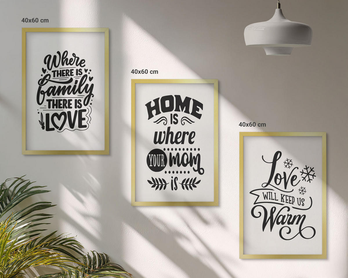 BILDER SET 3er Set - 40x60 cm Goldrahmen - Familie, Liebe, Zuhause, Wärme - Goldfarben, Kunststoff (40/60cm) - TULUP