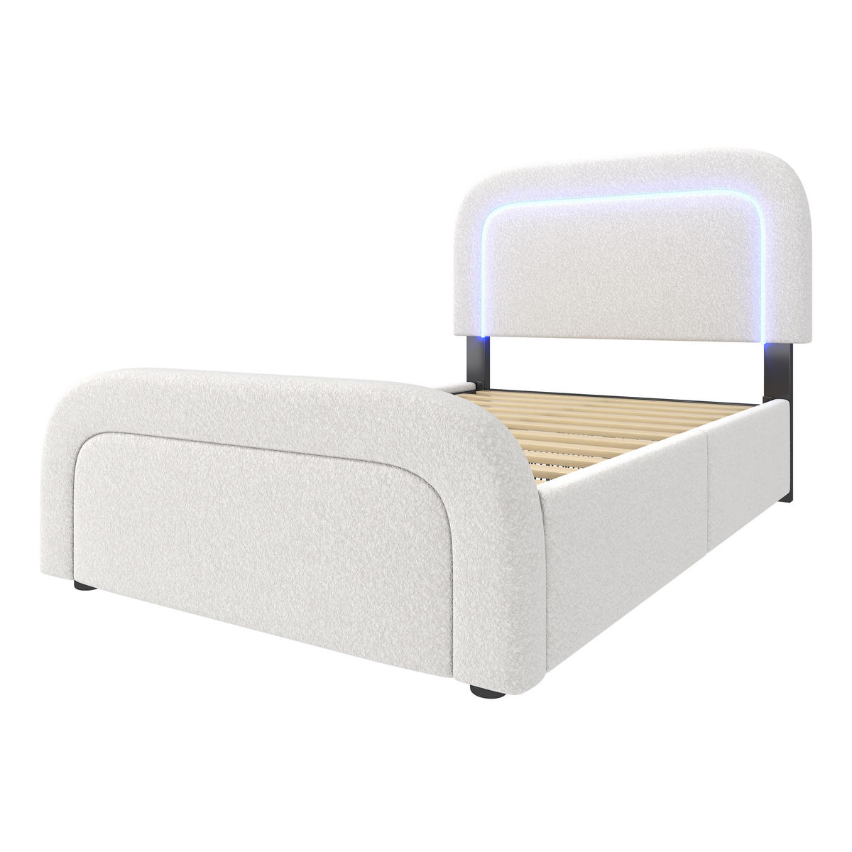 POLSTERBETT 90/200 cm in Weiß Sherpa mit 2 Schubladen, LED, USB und Matratze - Weiß, Holzwerkstoff/Textil (90/200cm) - CHICFURN