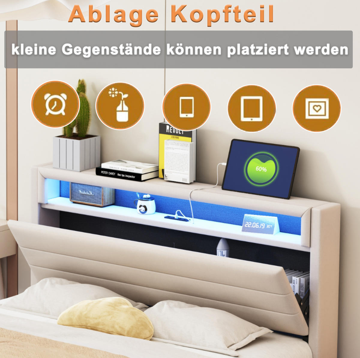 POLSTERBETT 160/200 cm Beige Hydraulisches Stauraumbett mit USB und LED-Beleuchtung - Beige, Textil (160/200cm) - OKWISH