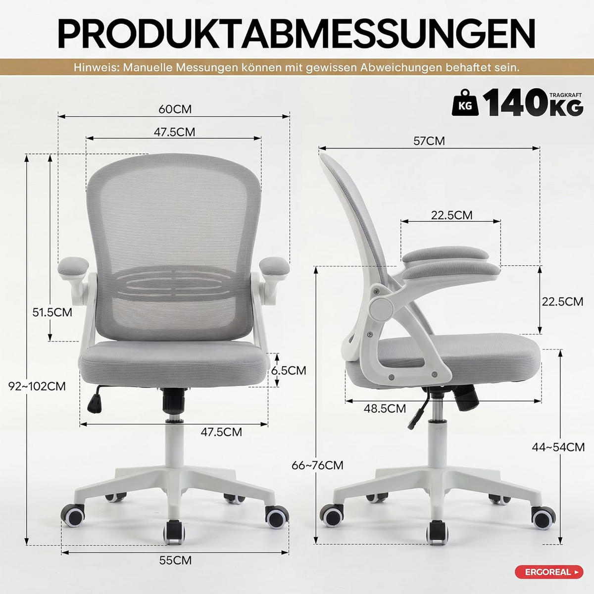 BÜROSTUHL Ergonomischer 90-110°neigbar, 90° Aufklappbare Armlehnen - Weiß, Metall (60/92/57cm)