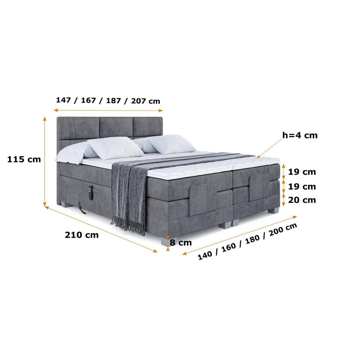 BOXSPRINGBETT elektrisch verstellbar mit 2 Matratzen H4/Taschenfederung PROT EL 200 x 200 Dunkelgrau - Dunkelgrau, Holzwerkstoff (207/200cm) - ALTDECOR