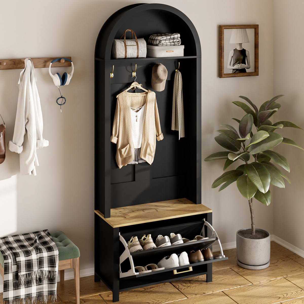 GARDEROBE 75/195/35 cm Schwarz/Holzfarbe aus MDF mit Schuhfach - Schwarz, Holzwerkstoff (35/195/75cm) - OKMYHOME