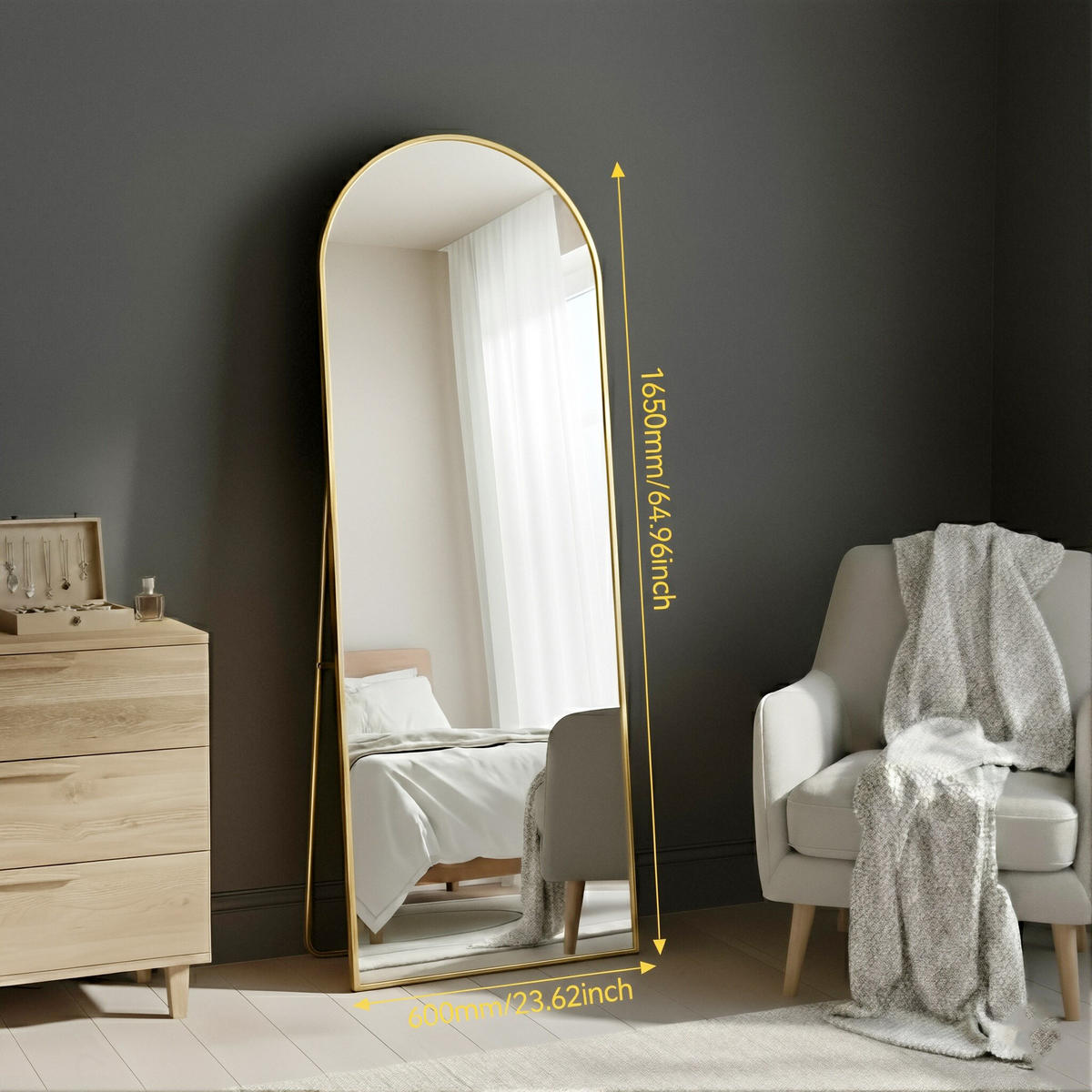 GANZKÖRPERSPIEGEL Bogen-Design mit U-Standfuß & Aluminiumrahmen 165/60 cm Gold - Goldfarben, Glas/Metall (60/165/3cm) - Creahappy