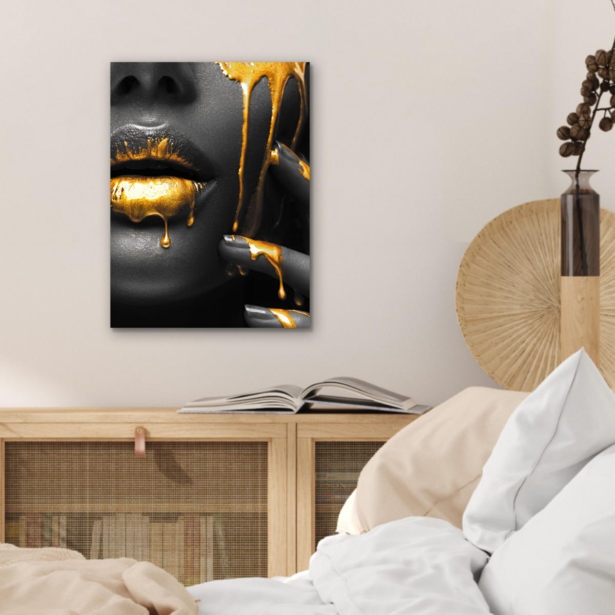 METALLBILD Frau - Schwarz - Gold - Gesicht - Lippen 30x40 cm - Goldfarben, Metall (30/40cm) - MuchoWow