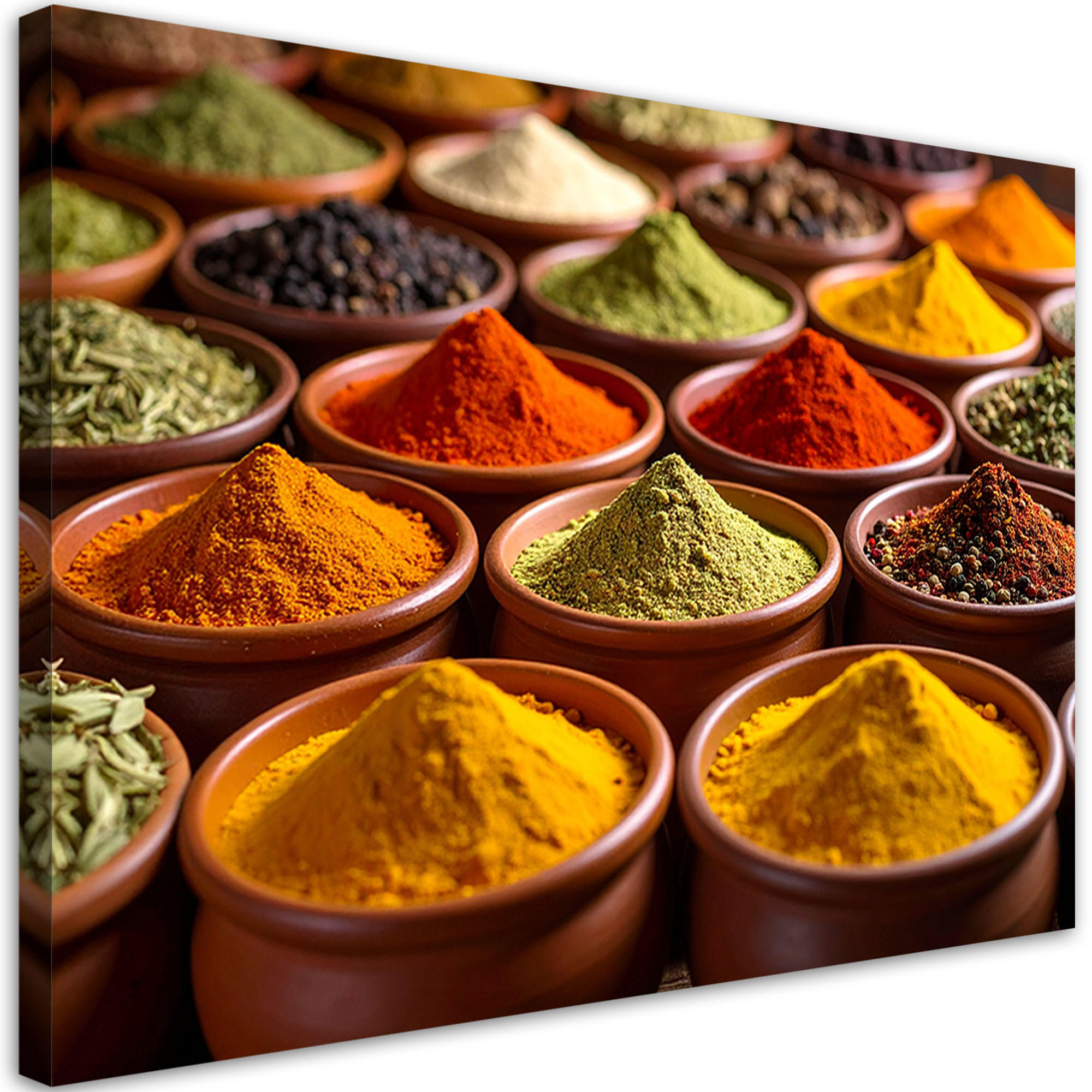 LEINWANDBILD Gewürze und Kräuter in Schälchen 90x60cm - Multicolor, Textil (90/60cm) - Feeby