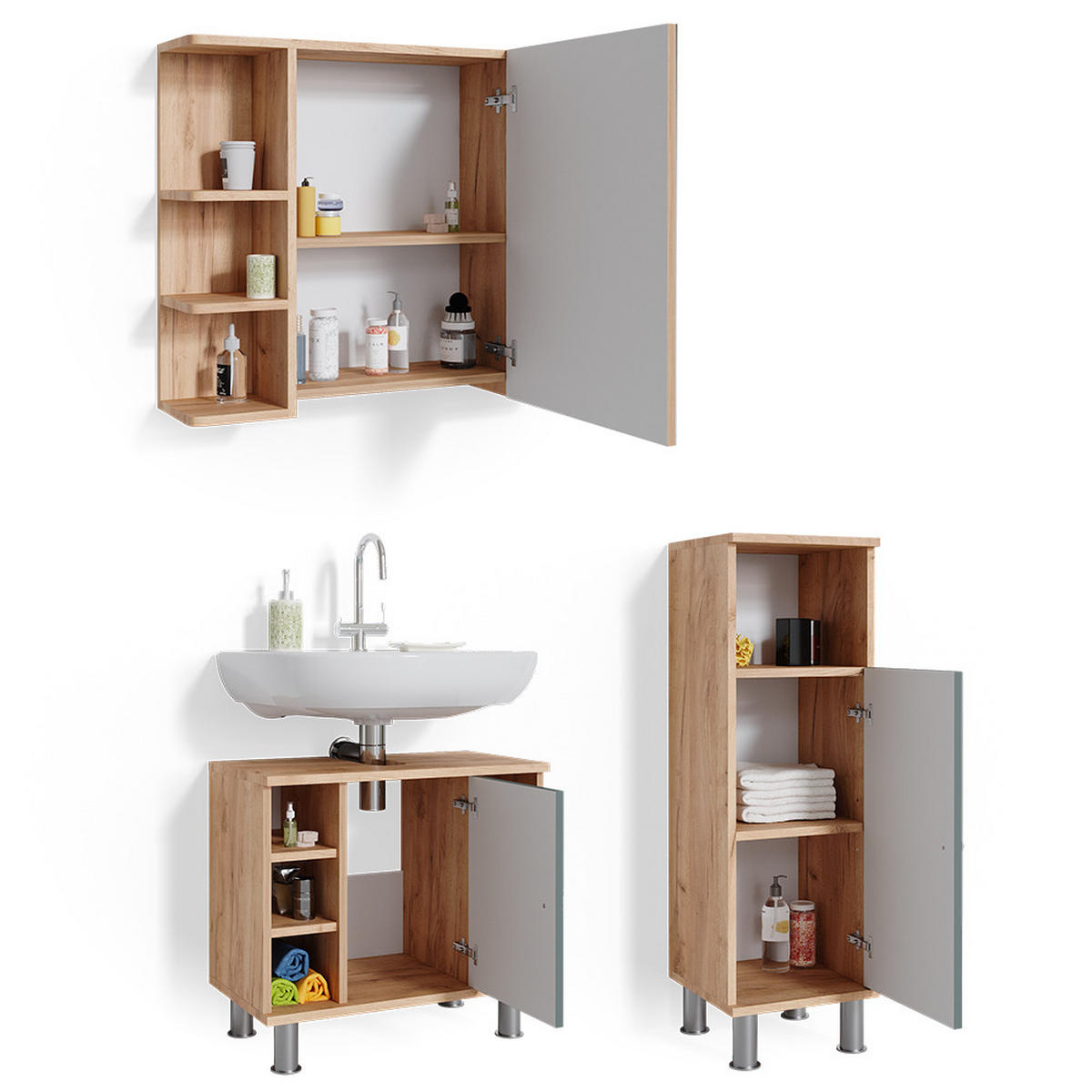 SADA NÁBYTKU DO KOUPELNY Fynn Zelená 3 díly, se střední jednotkou - zelená barva, kompozitní dřevo (60/54/32cm) - Vicco