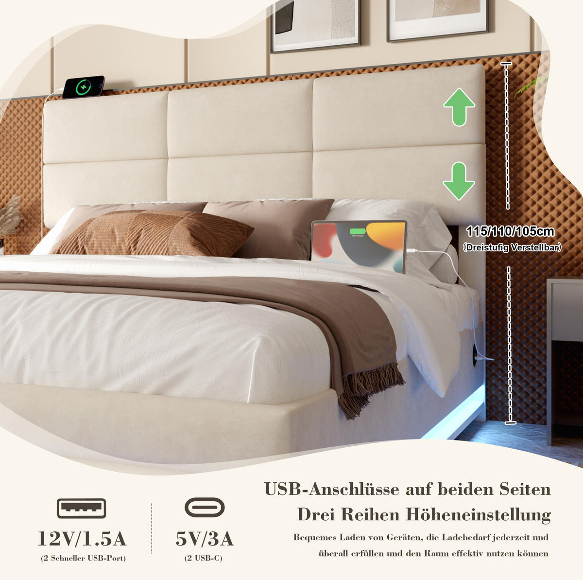 POLSTERBETT 140/200 cm Beige aus Samt mit LED und Stauraum - Beige, Textil (140/200cm) - OKMYHOME