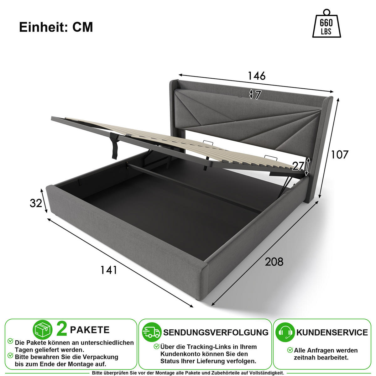 POLSTERBETT 140/200 cm in Grau mit Bettkasten, USB und Type-C Stoff - Grau, Holzwerkstoff/Textil (140/200cm) - CHICFURN