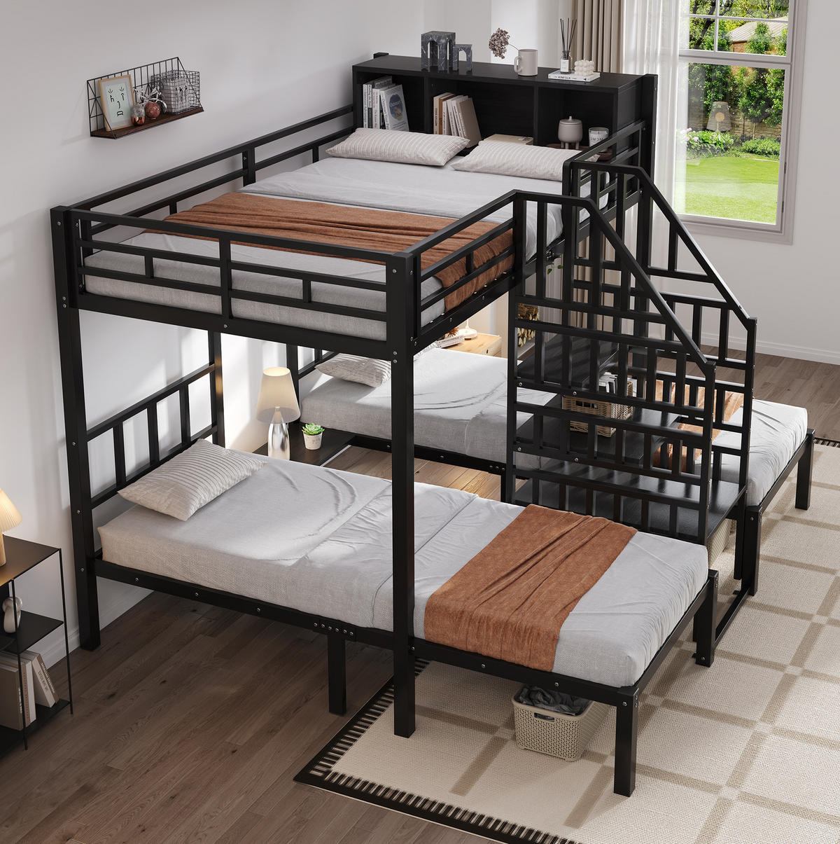 ETAGENBETT mit 3 Schlafplätzen 90x200 & 140x200 cm in Schwarz mit Stauraum - Schwarz, Metall (140/200cm) - IVMEU