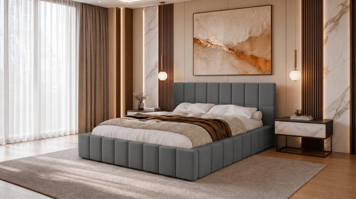 POLSTERBETT 180x200 cm, Alma, Doppelbett mit Bettkasten, Lattenrost aus Holz, Velourstoff, Dunkelgrau - Dunkelgrau, Holz/Kunststoff (180/200cm) - Marpur