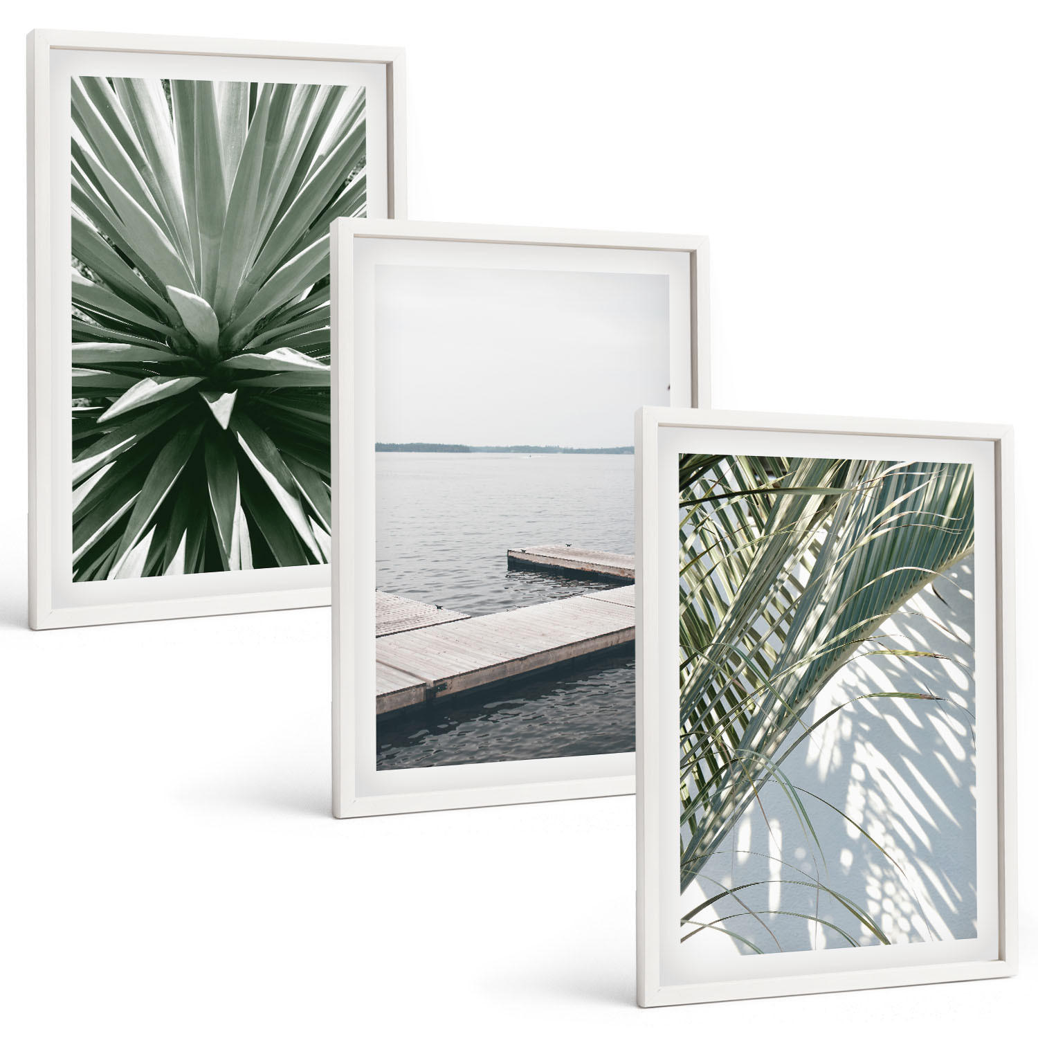 BILDER SET 3er Set - 40x60 cm Weißer Rahmen - Palmenblätter-Holzbrücke - Weiß, Kunststoff (40/60cm) - TULUP