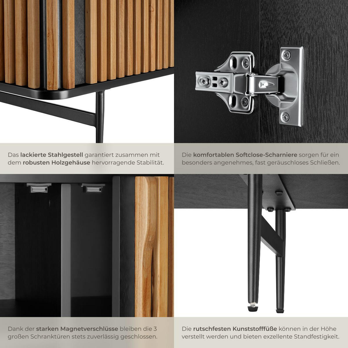 SIDEBOARD Lineo,156 x 45,5 x 74 cm, höhenverstellbare Füße,schwarz/braun - Schwarz/Braun, Holz (156/74/45.5cm) - tectake