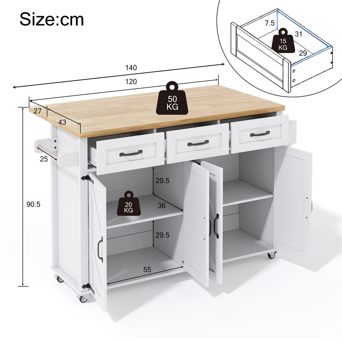 KÜCHENINSEL Weiß-Natur aus MDF mit ausklappbarer Platte 140 × 43 × 90,5 cm - Weiß, Holzwerkstoff (140/90.5/43cm) - Luhomfu