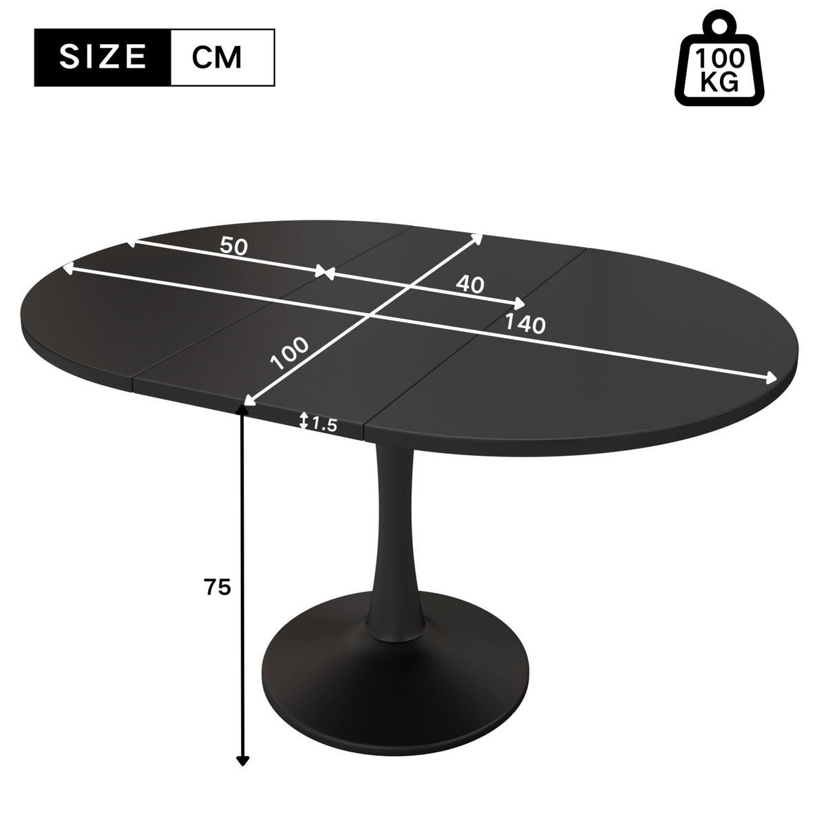 ESSTISCH 100/75/100 cm Schwarz aus MDF ausziehbar - Schwarz, Holzwerkstoff (100/140/75cm) - OKMYHOME