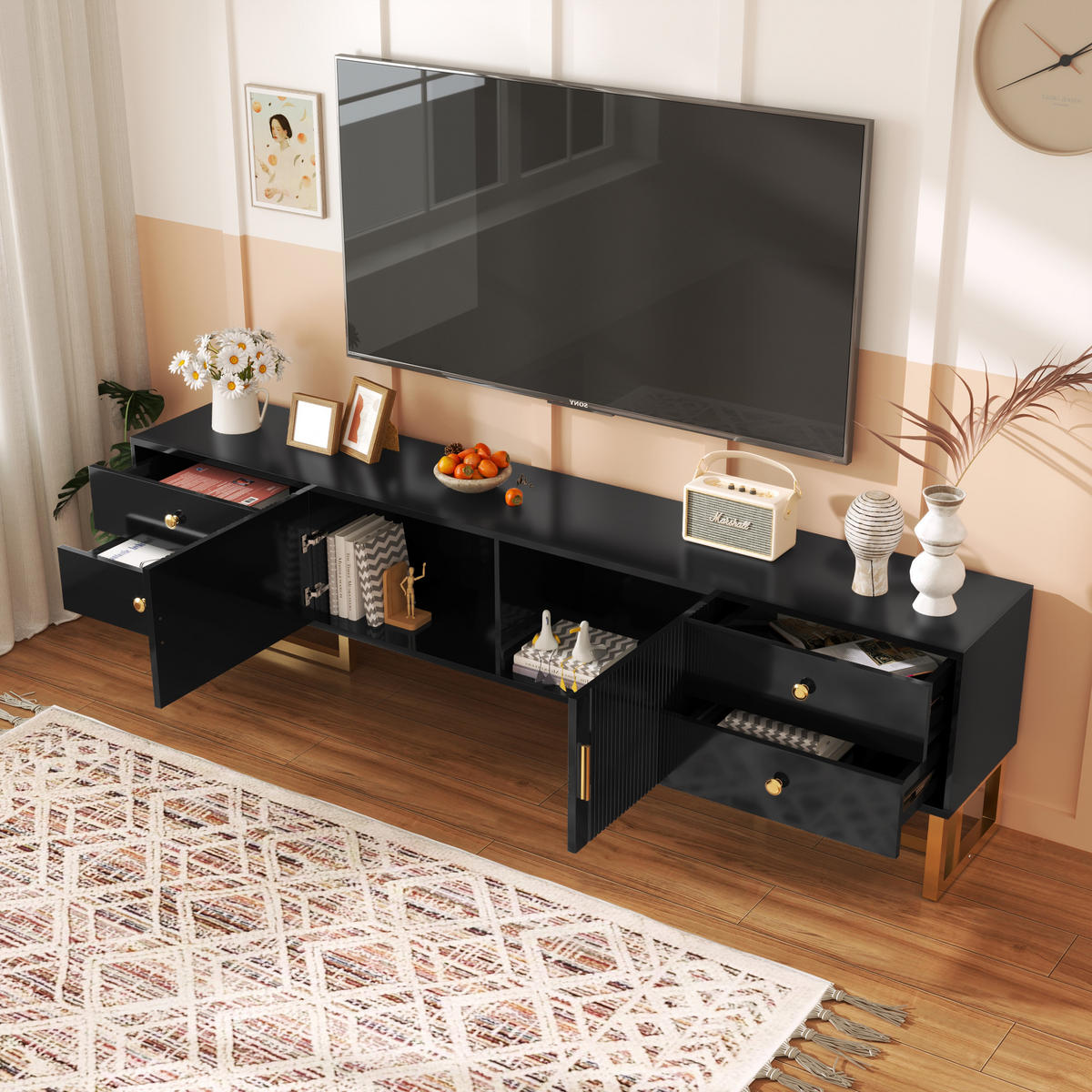 TV-SCHRANK 175/30/46 cm schwarz MDF mit 4 Schubladen und goldenen Füßen - Schwarz, Holzwerkstoff (175/46/30cm) - OKWISH