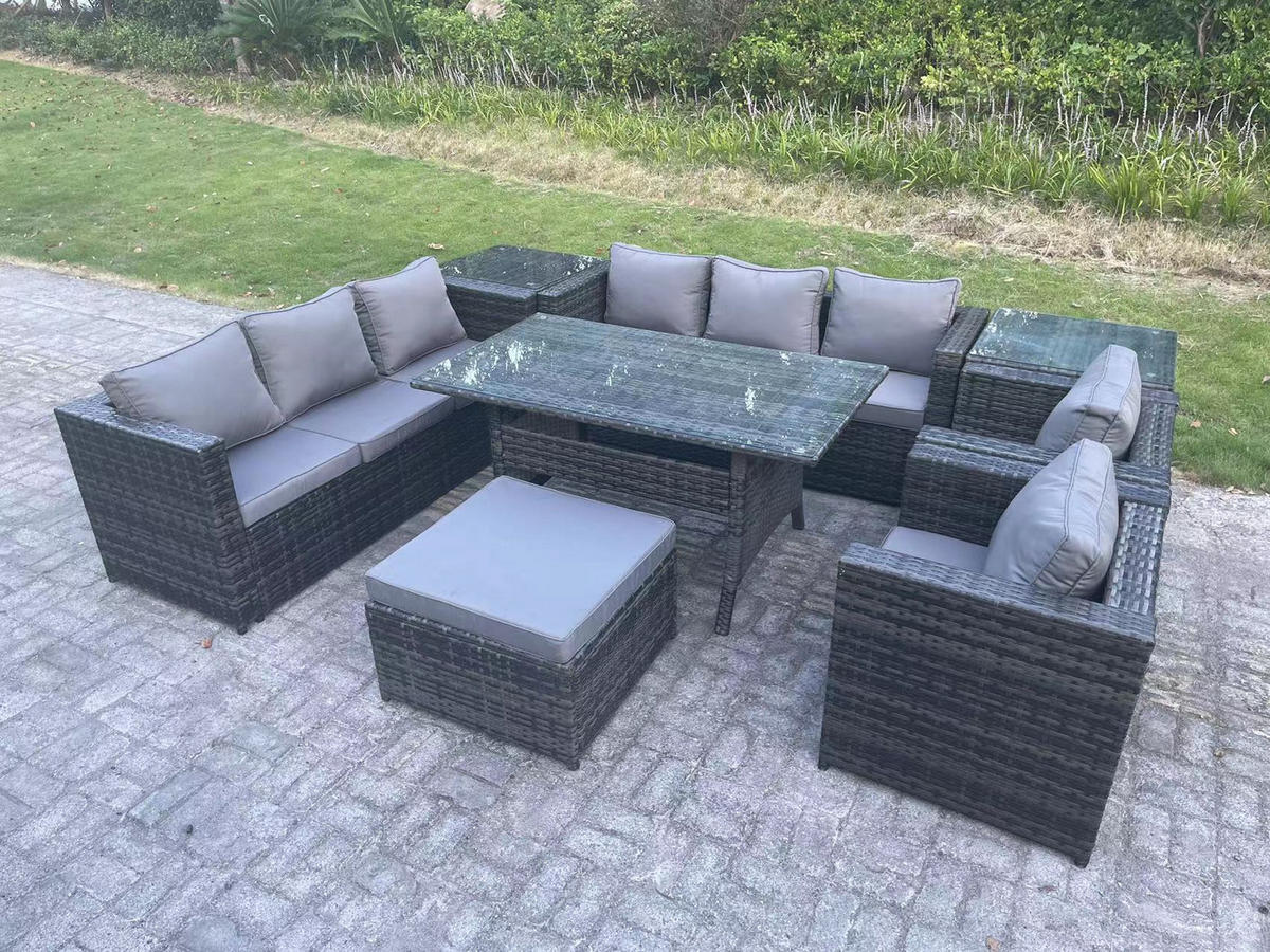 SITZGRUPPE mit Beistelltisch,Hockern Polyrattan Dunkelgrau 9-Sitzer - Dunkelgrau/Grau, Glas/Kunststoff - Fimous