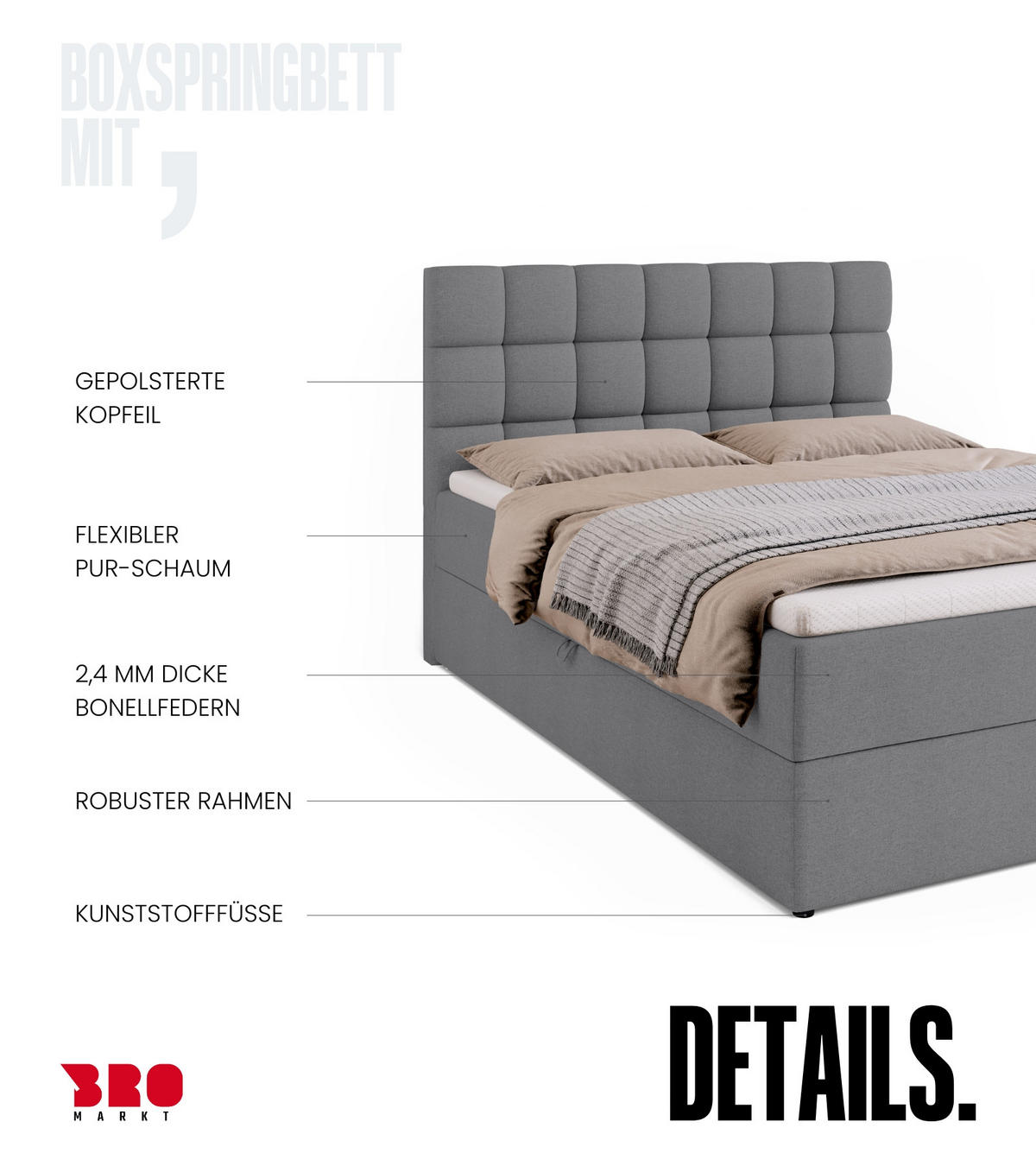 BOXBETT Dakota mit Topper 140/200 Hellgrau - Hellgrau, Textil (140/200cm) - Bromarkt