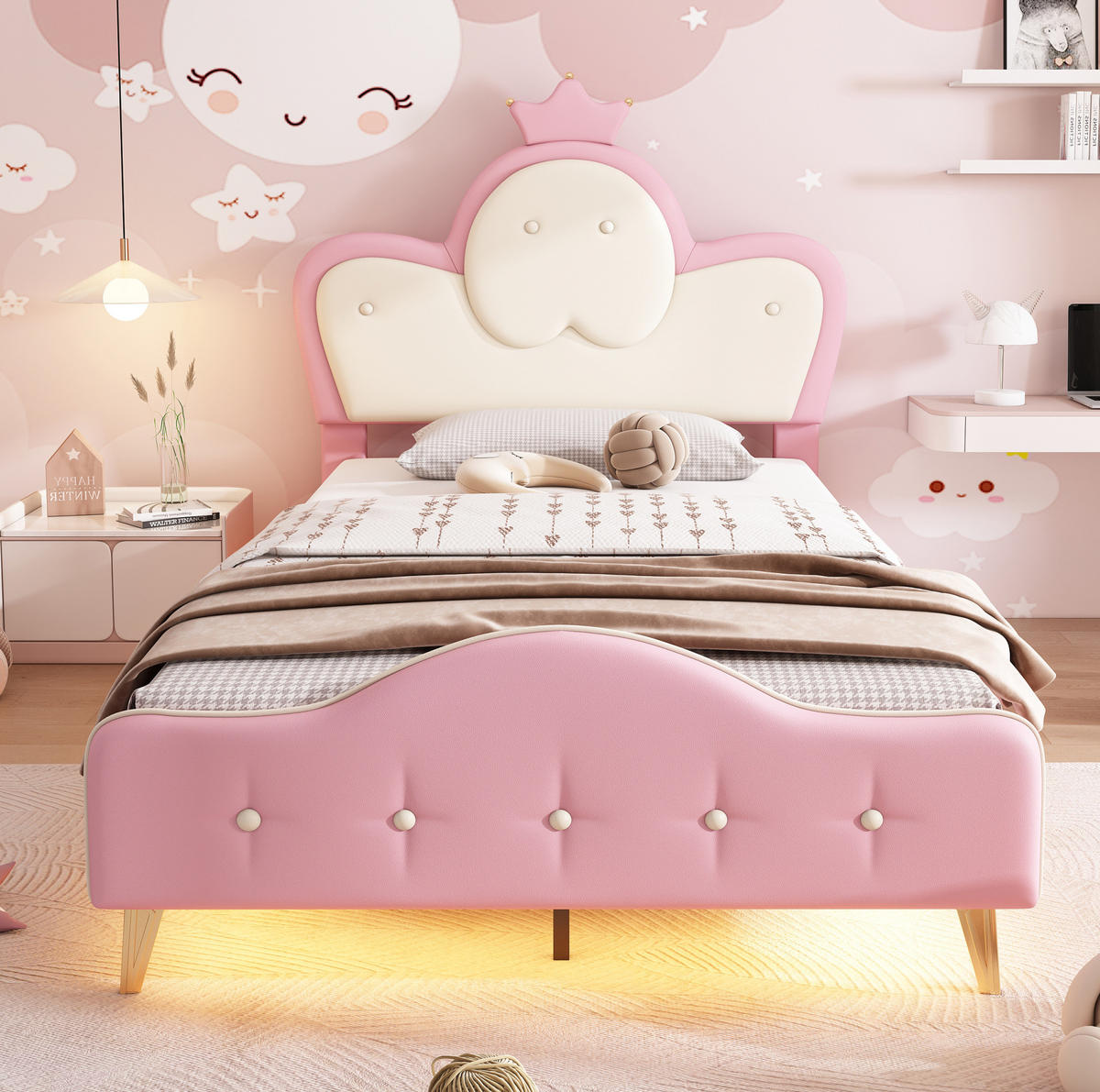 POLSTERBETT 90/200 cm Rosa/Weiß aus PU mit LED-Lichtleiste - Weiß, Kunststoff (90/200cm) - OKMYHOME