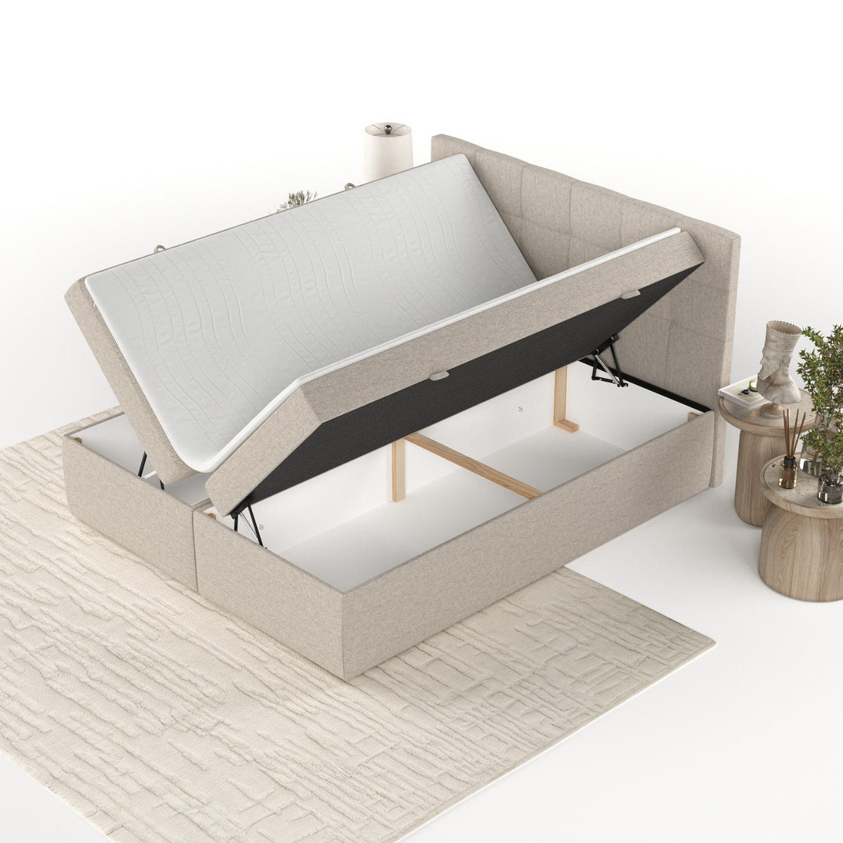 BOXBETT Lean 160/200 cm Hellbeige im Megan Stoff - Sandfarben/Schwarz, Holz/Holzwerkstoff (160/200cm) - AltaBeds