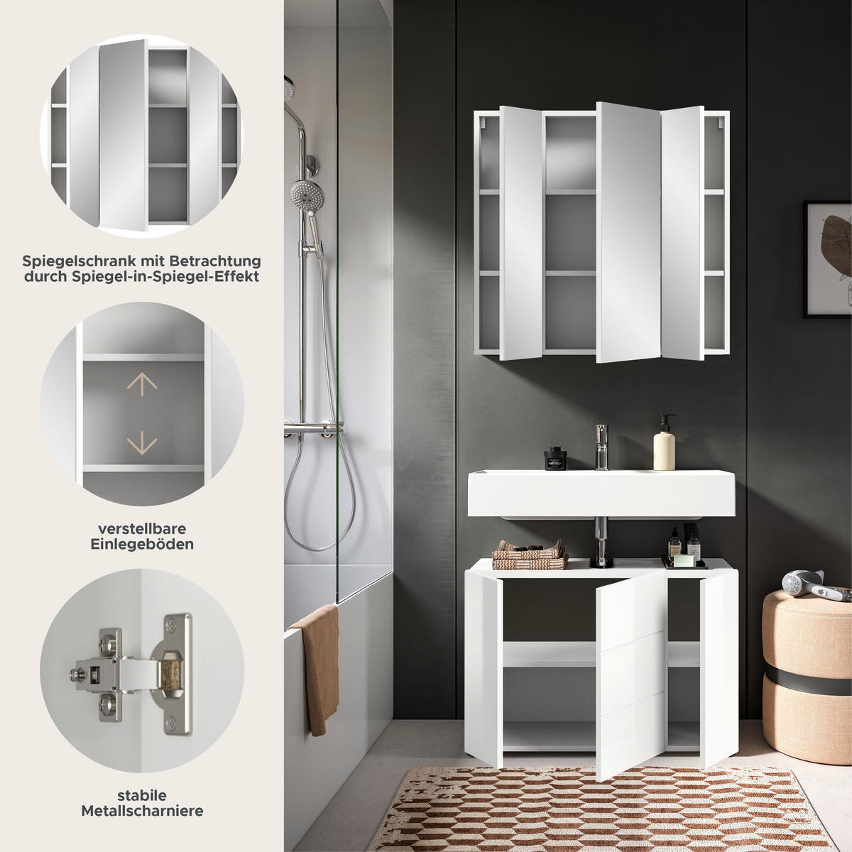 BADKOMBINATION 2tlg. Vira Bad in weiß Melamin und weiß hochglanz B/H/T: 82x190x34 cm - Weiß, Holz (82/190/34cm)