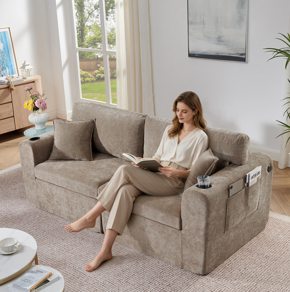 SOFA 2-Sitzer mit Getränkehalter Chenille Brown - Braun, Kunststoff (220/89/100cm) - Meubliv