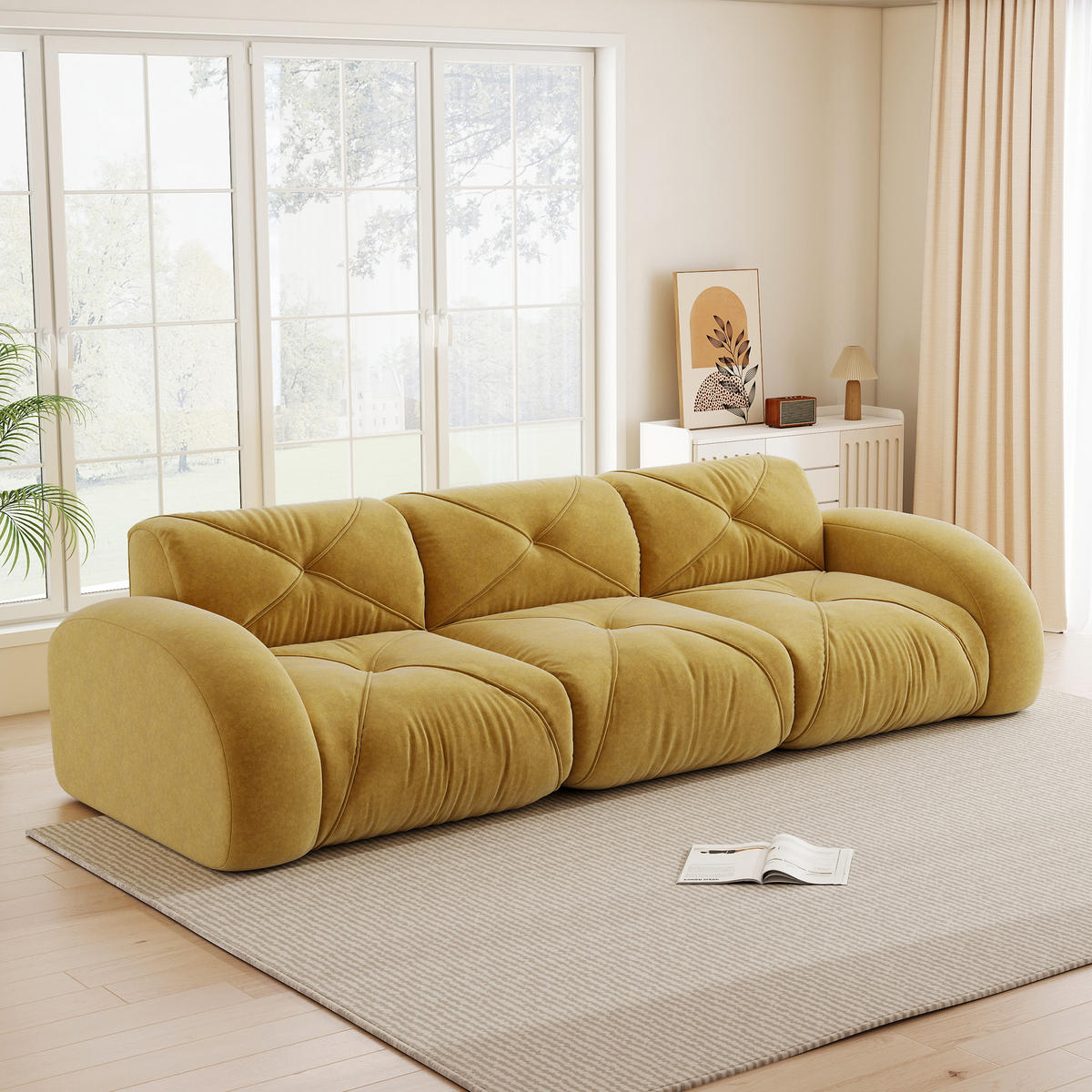 3-SITZER Sofa 281×95×76 cm Chenille rahmenlos modular, gelb - Gelb, Textil (95/76/281cm)